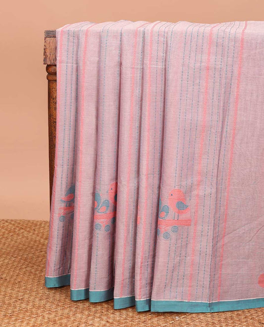 Pink dotted striped with bird buttas Coimbatore cotton saree, contrast plain border, and pallu of bird motifs