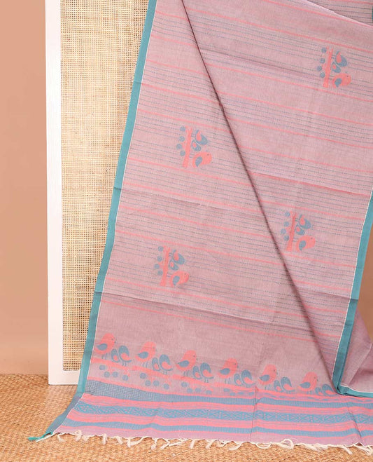 Pink dotted striped with bird buttas Coimbatore cotton saree, contrast plain border, and pallu of bird motifs