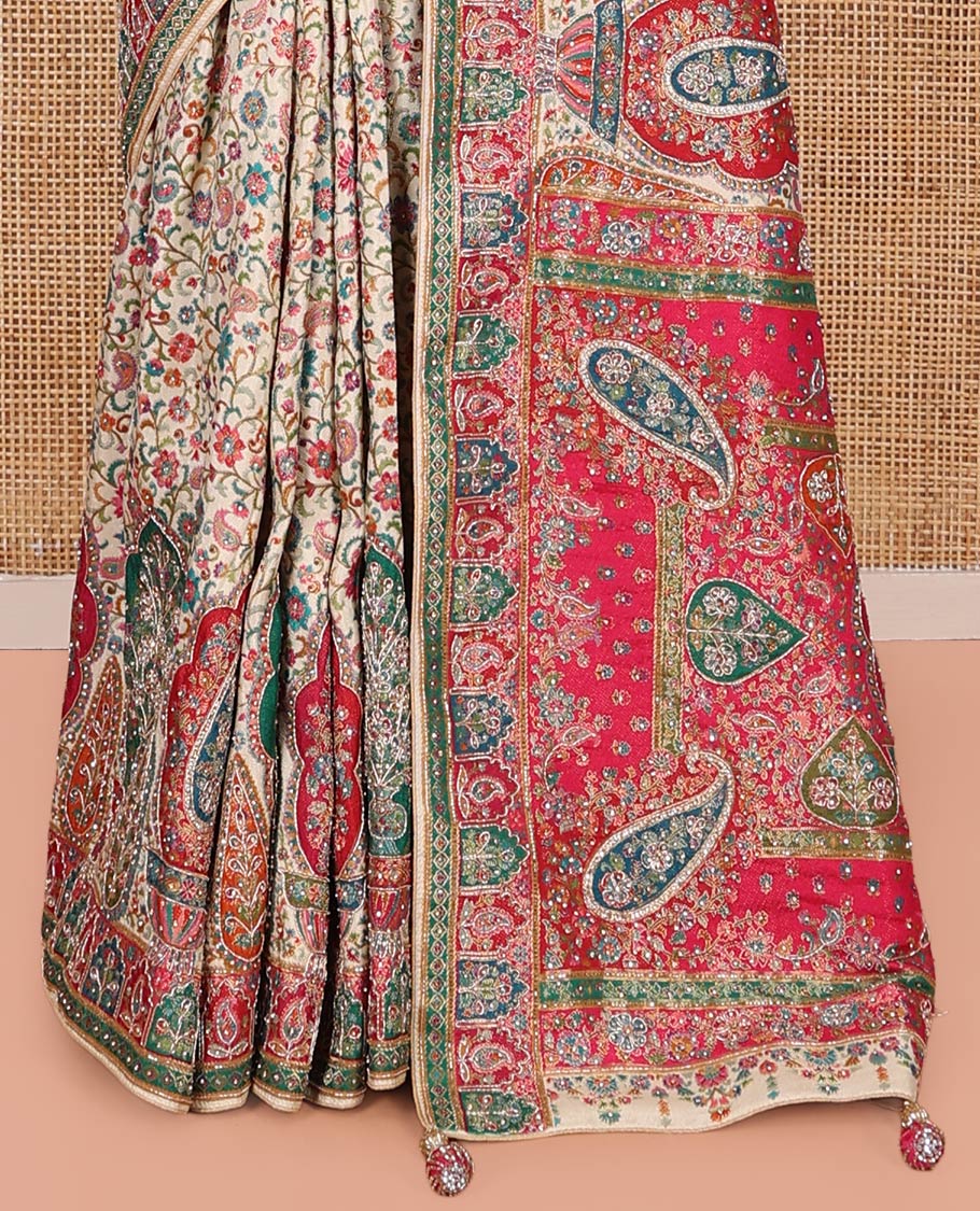 Multi-Color Dola Silk Saree, Elegantly Framed with Colorful Floral Vine on Its Body, Complemented by Contrast Print and Embroidery Border, Intricately Designed Pallu, and Paired with a Contrast Blouse