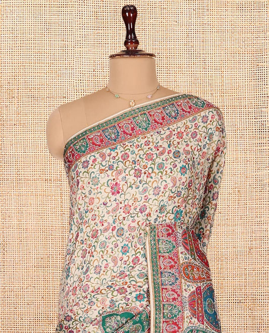 Multi-Color Dola Silk Saree, Elegantly Framed with Colorful Floral Vine on Its Body, Complemented by Contrast Print and Embroidery Border, Intricately Designed Pallu, and Paired with a Contrast Blouse