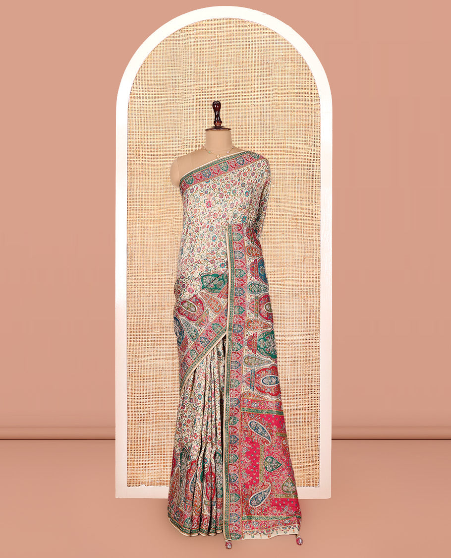 Multi-Color Dola Silk Saree, Elegantly Framed with Colorful Floral Vine on Its Body, Complemented by Contrast Print and Embroidery Border, Intricately Designed Pallu, and Paired with a Contrast Blouse