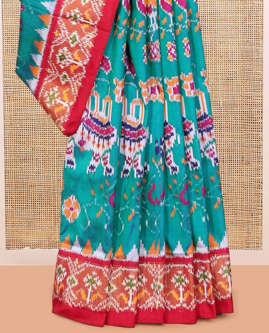 Blue Flora-Fauna Buttas Pochampally Ikat Saree, Contrast Border