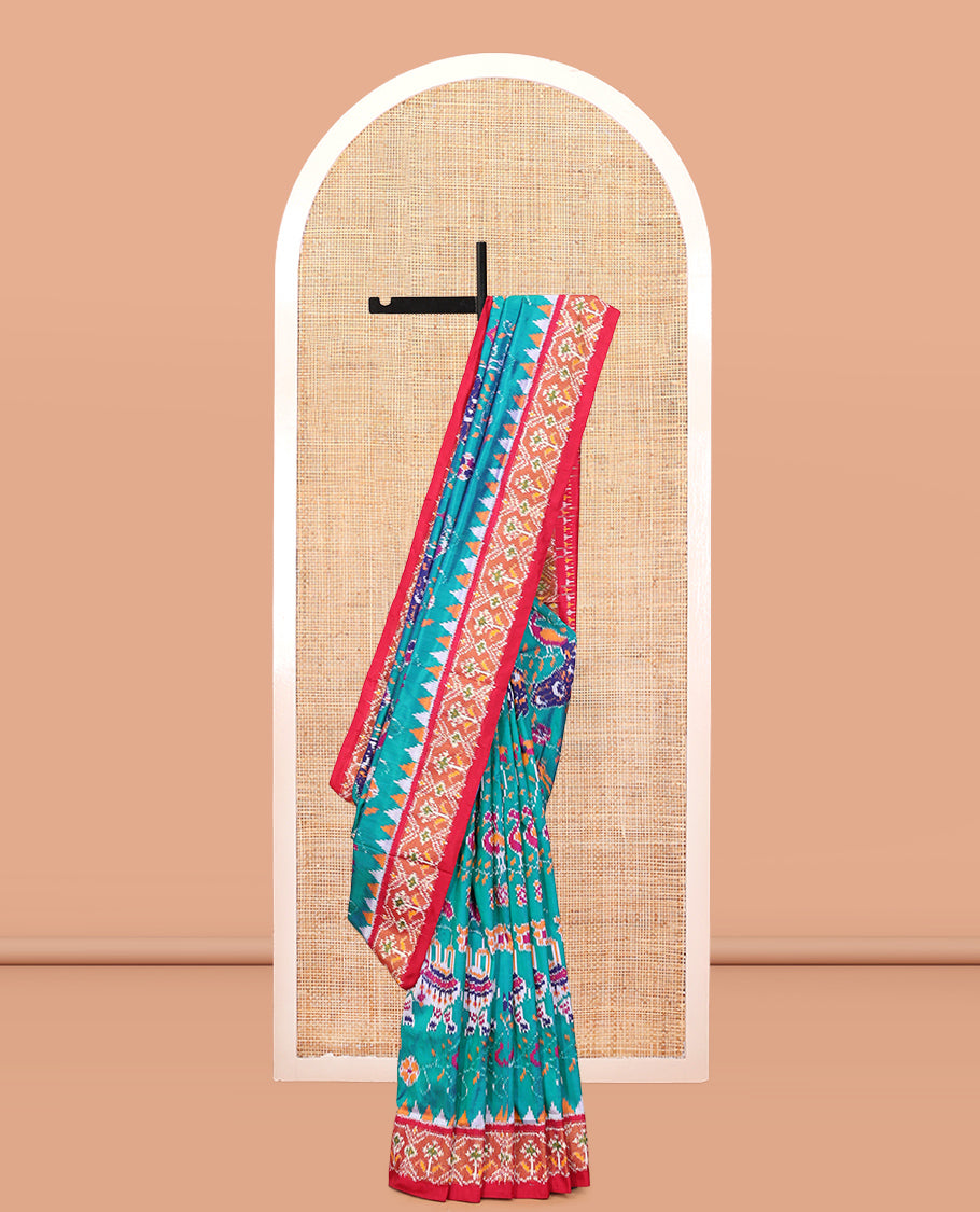 Blue Flora-Fauna Buttas Pochampally Ikat Saree, Contrast Border