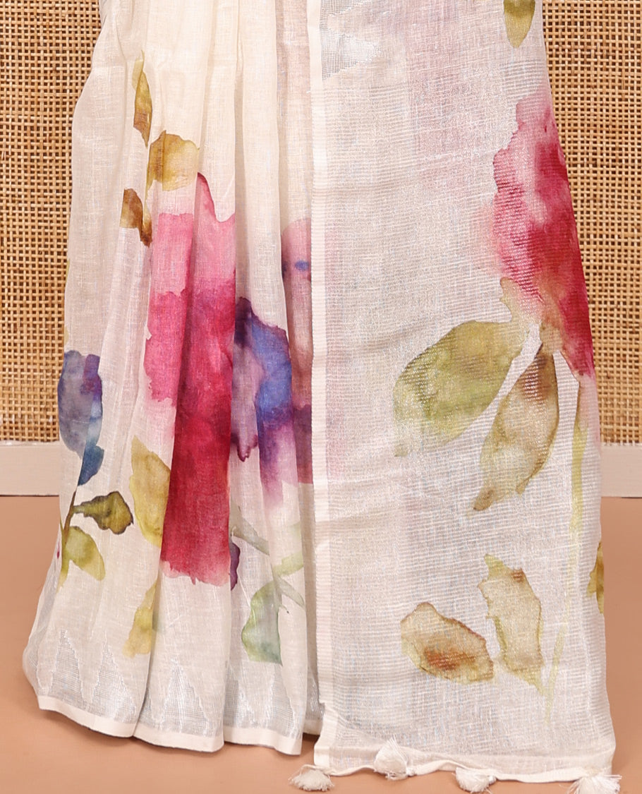 Cream-Base Linen Saree, Highlighted by Floral-Themed Paint Splashes, Hand-Brush Painted All Over Its Body, Sparsely Woven Temple Border, and Paired with a Matching Blouse