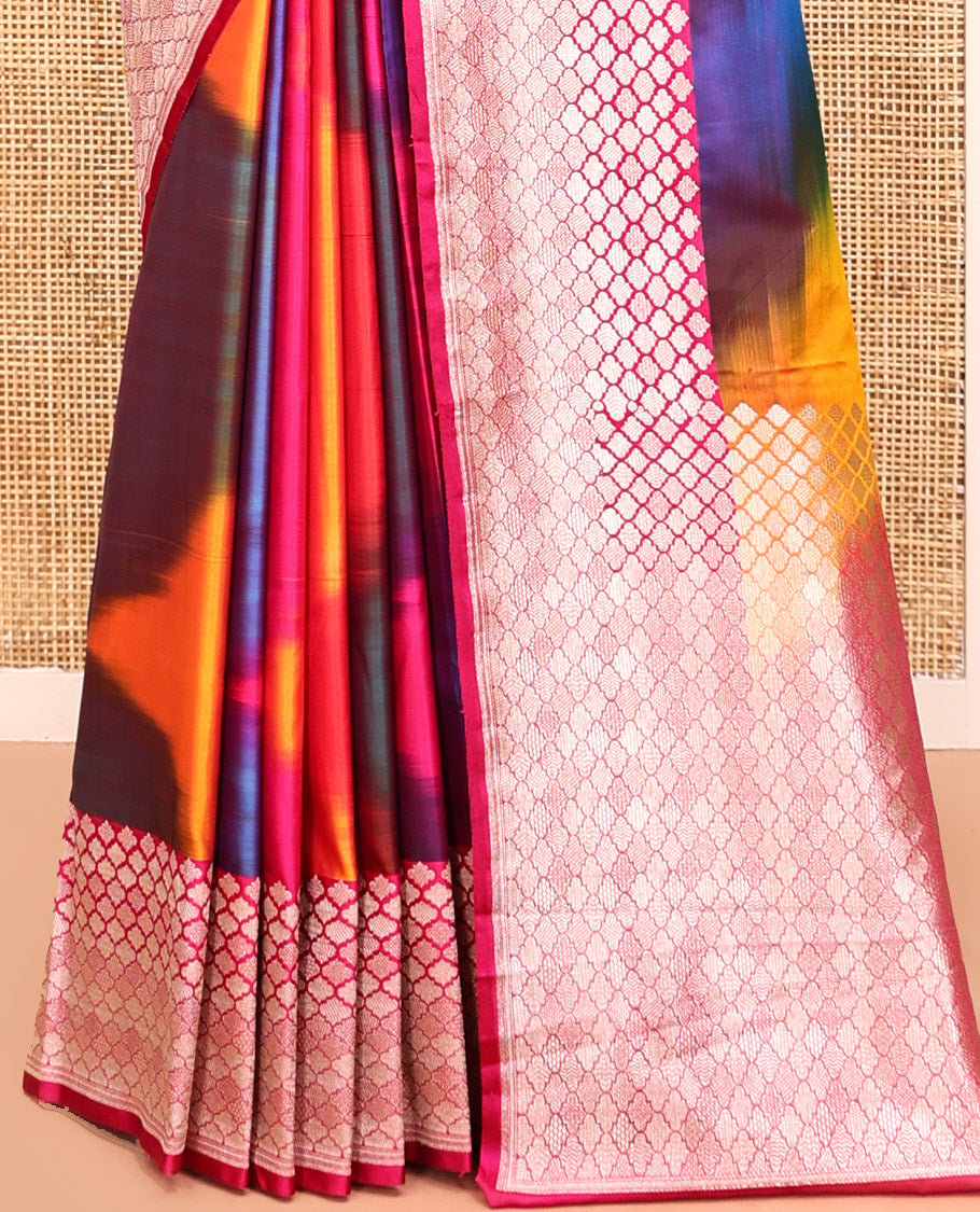 Pink-Multi-Color Mushru Silk Saree with Pochampally Weave, a Contrast Ogee Border, Grand Ogee-Patterned Pallu, and Contrast Blouse