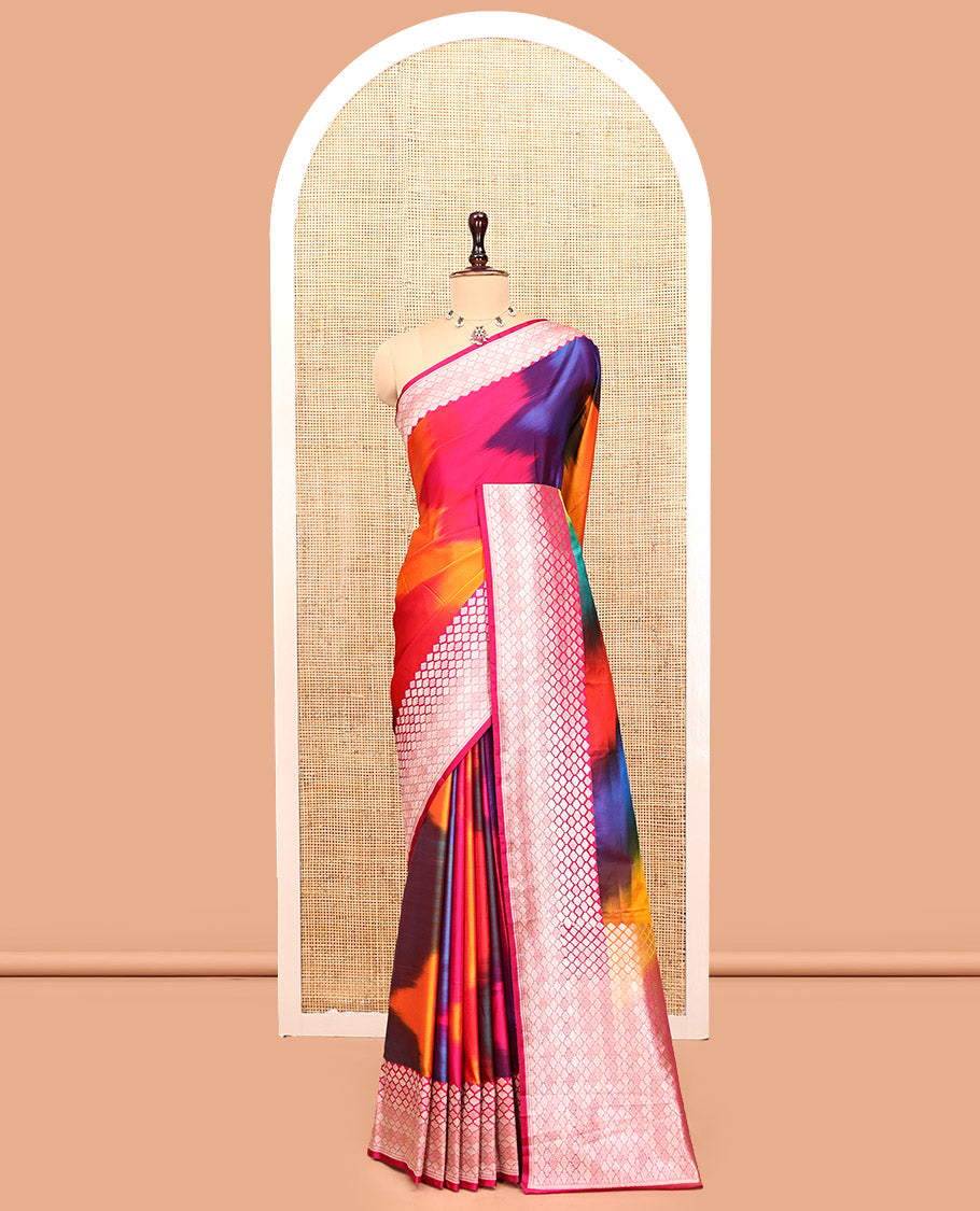 Pink-Multi-Color Mushru Silk Saree with Pochampally Weave, a Contrast Ogee Border, Grand Ogee-Patterned Pallu, and Contrast Blouse