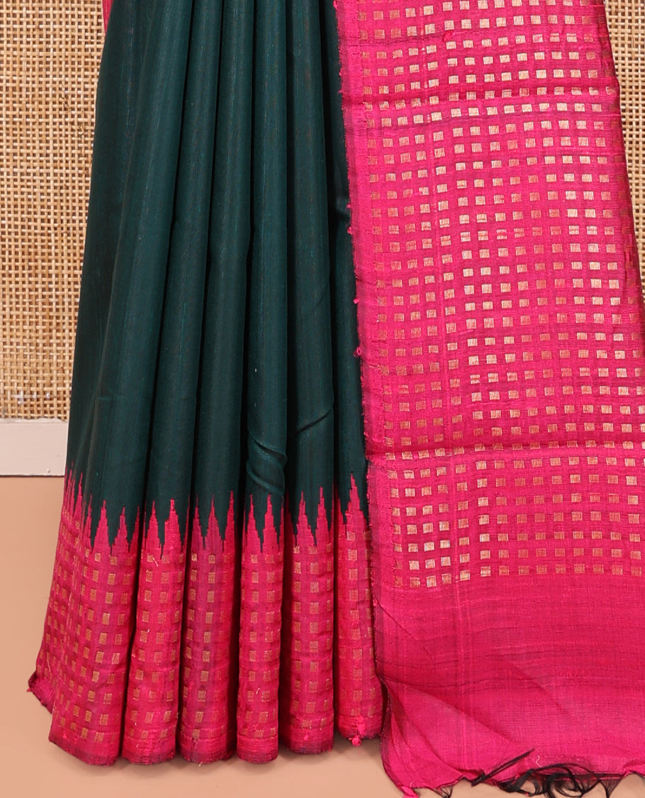 Green Plain Dupion Saree, Complemented by a Contrast Temple Border of Zari Buttas, Pallu Steeped with Buttas, and Paired with a Contrast Blouse