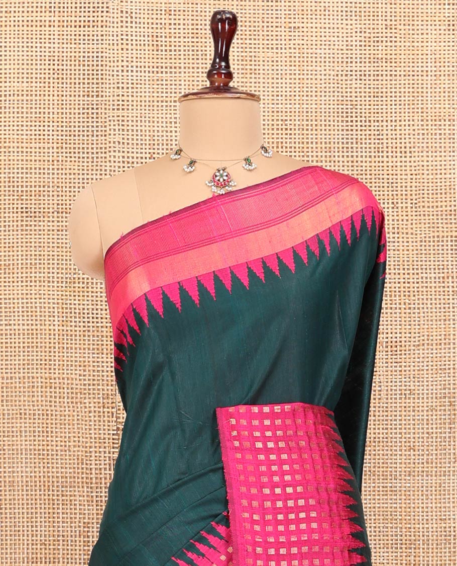 Green Plain Dupion Saree, Complemented by a Contrast Temple Border of Zari Buttas, Pallu Steeped with Buttas, and Paired with a Contrast Blouse