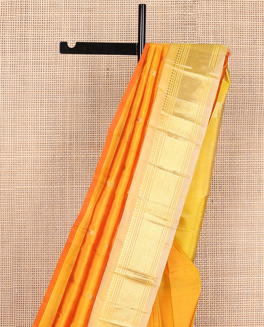 Yellow zari buttas kanchipuram silksaree, contrast one-sided border of paneer sombu,banaras,muthu & mayil kann & zari design pallu
