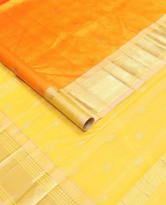 Yellow zari buttas kanchipuram silksaree, contrast one-sided border of paneer sombu,banaras,muthu & mayil kann & zari design pallu