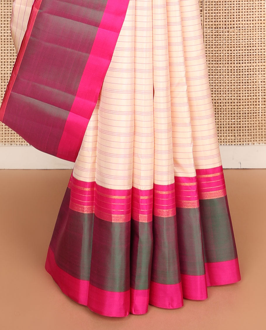 Sandal striped kanchipuram silksaree, contrast zari striped border & pallu of stripes & pillaiyar mokku designs