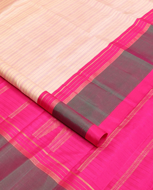 Sandal striped kanchipuram silksaree, contrast zari striped border & pallu of stripes & pillaiyar mokku designs