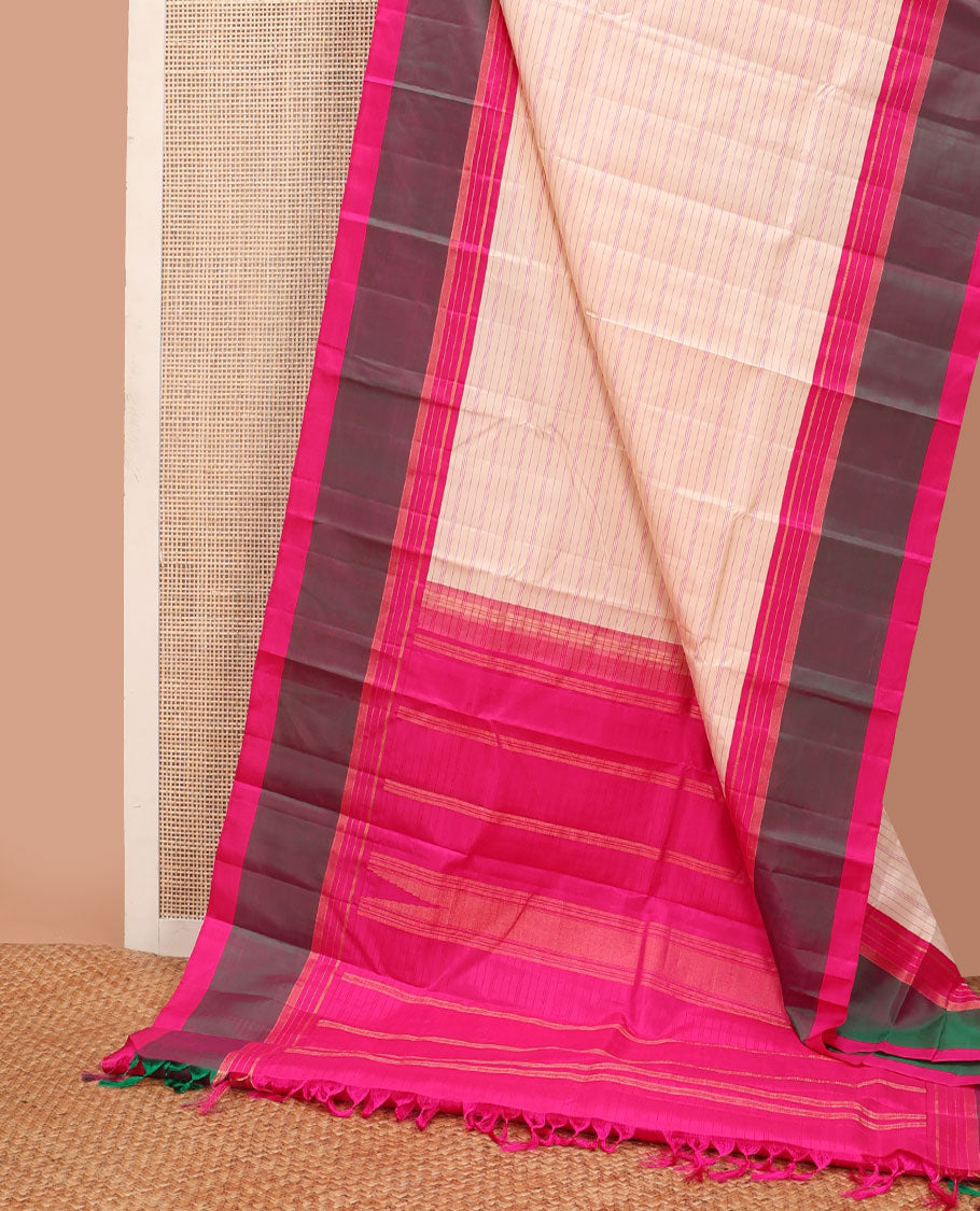 Sandal striped kanchipuram silksaree, contrast zari striped border & pallu of stripes & pillaiyar mokku designs