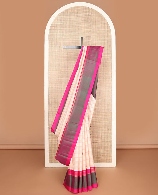 Sandal striped kanchipuram silksaree, contrast zari striped border & pallu of stripes & pillaiyar mokku designs