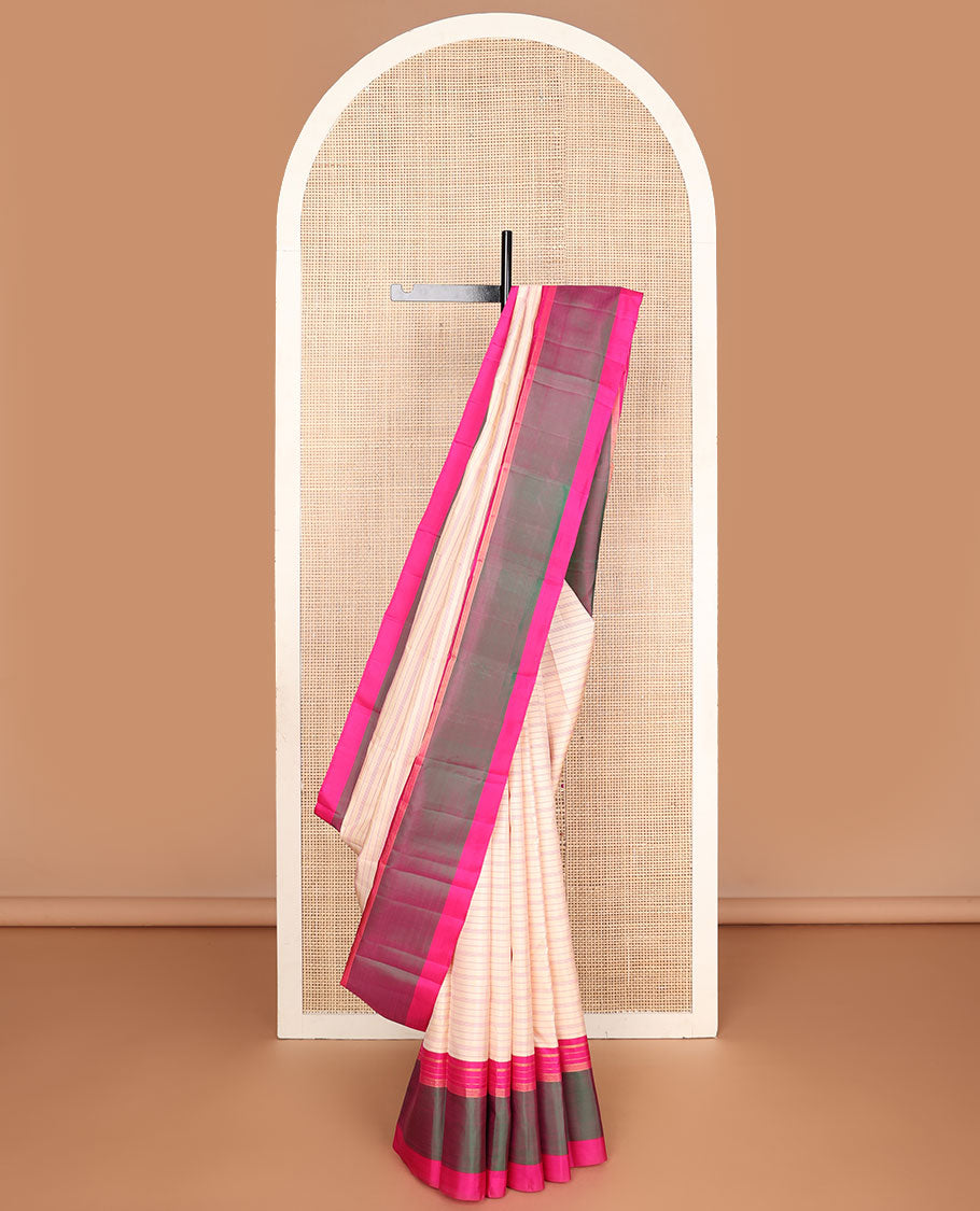 Sandal striped kanchipuram silksaree, contrast zari striped border & pallu of stripes & pillaiyar mokku designs