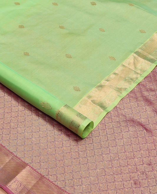 Green zari buttas Kanchipuram silk saree, zari border of muthu,banaras & Annam chakram & contrast jaal pallu