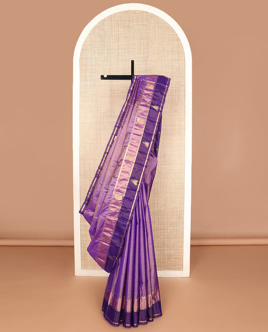 Violet zari buttas silk saree, contrast border of thazampoo rekku & manga designs & zari design pallu