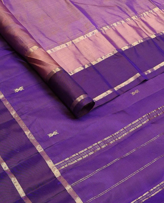 Violet zari buttas silk saree, contrast border of thazampoo rekku & manga designs & zari design pallu