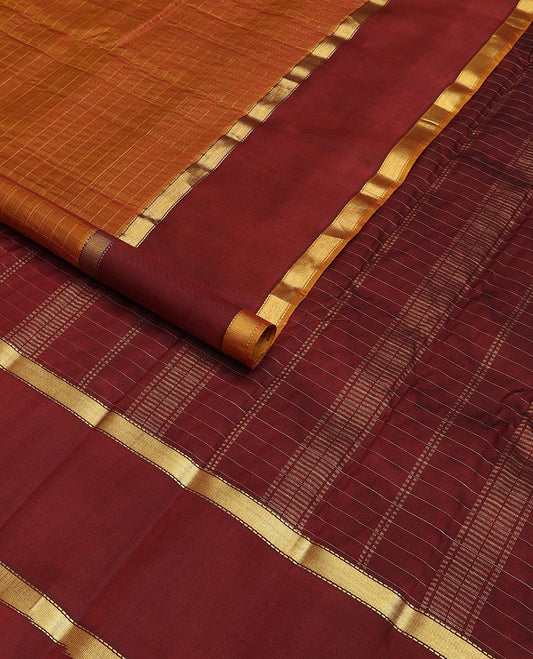 Honey color muthu kattam Kanchipuram silk saree, contrast rettai pettu border of muthu designs, and zari design pallu