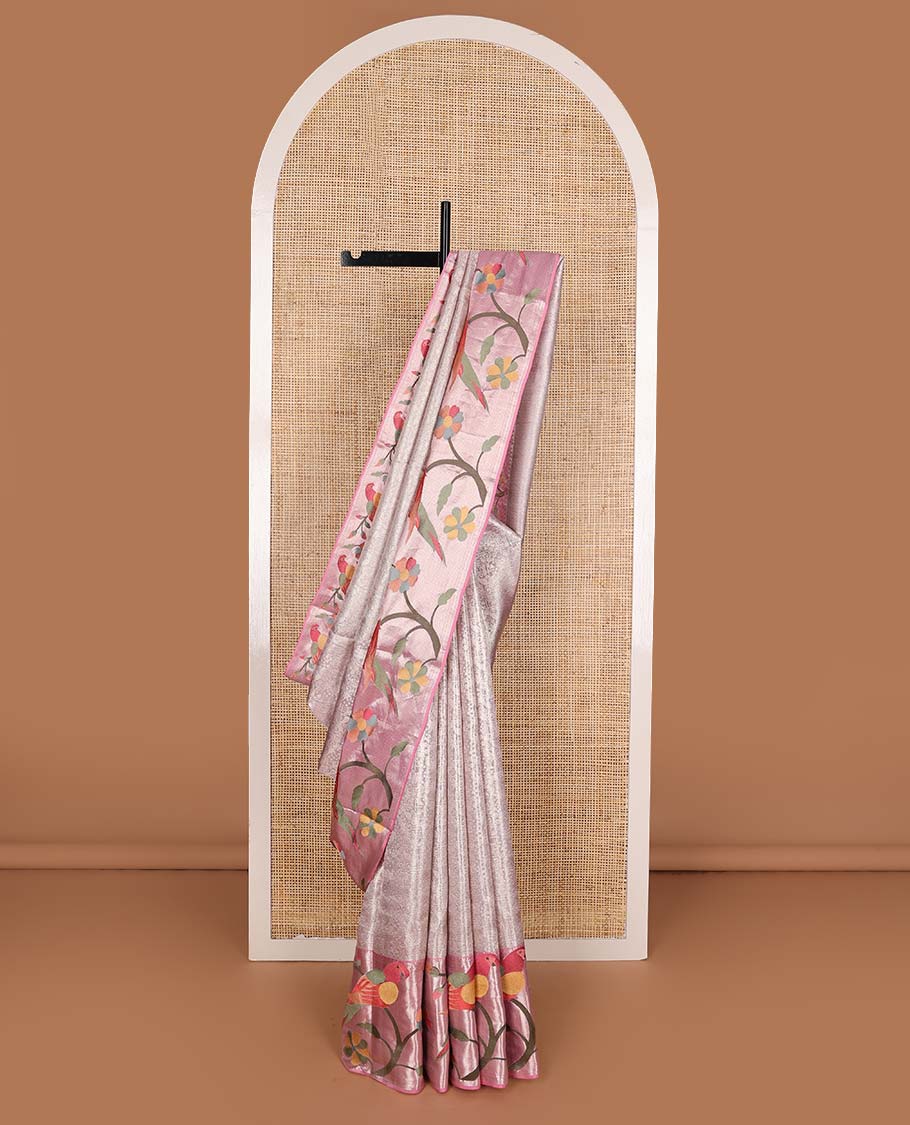Baby pink jacquard Kanchipuram silk saree, contrast traditional with meenakari paithani floral, and macaw motifs embroidered border, and jaal pallu