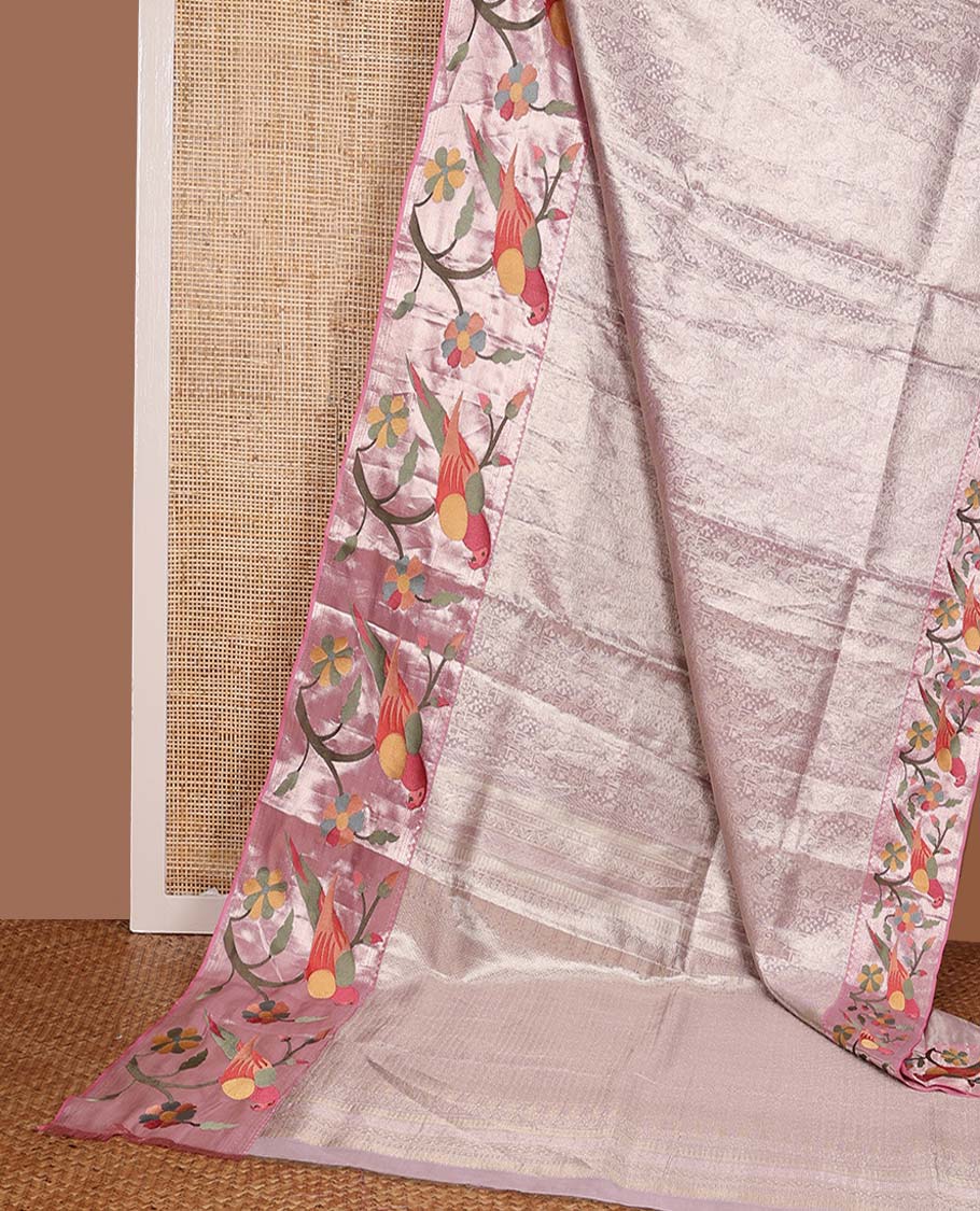 Baby pink jacquard Kanchipuram silk saree, contrast traditional with meenakari paithani floral, and macaw motifs embroidered border, and jaal pallu