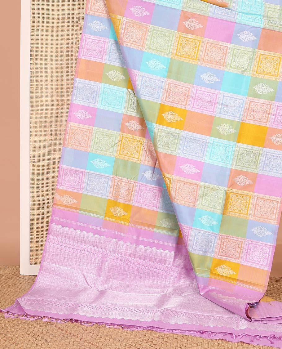 Borderless multi-color checked with intricate design weave Kanchipuram designer saree, contrast pallu of vanki designs
