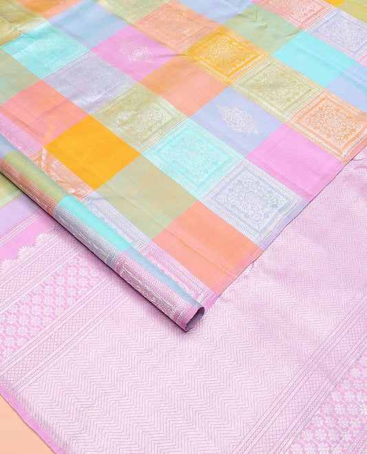 Borderless multi-color checked with intricate design weave Kanchipuram designer saree, contrast pallu of vanki designs