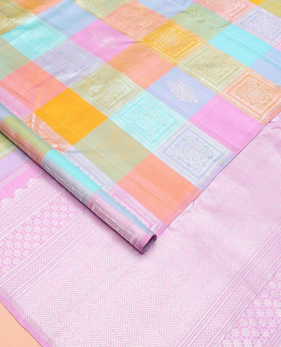Borderless multi-color checked with intricate design weave Kanchipuram designer saree, contrast pallu of vanki designs