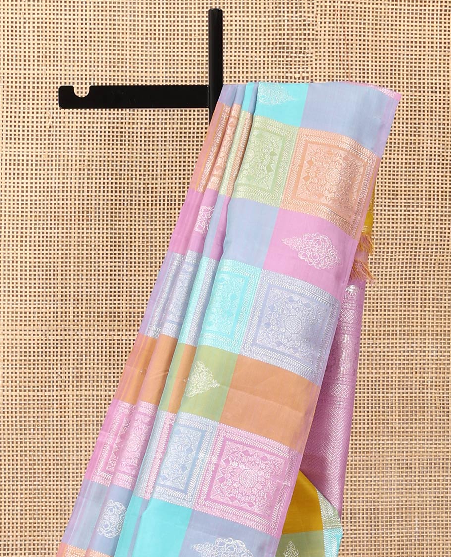 Borderless multi-color checked with intricate design weave Kanchipuram designer saree, contrast pallu of vanki designs