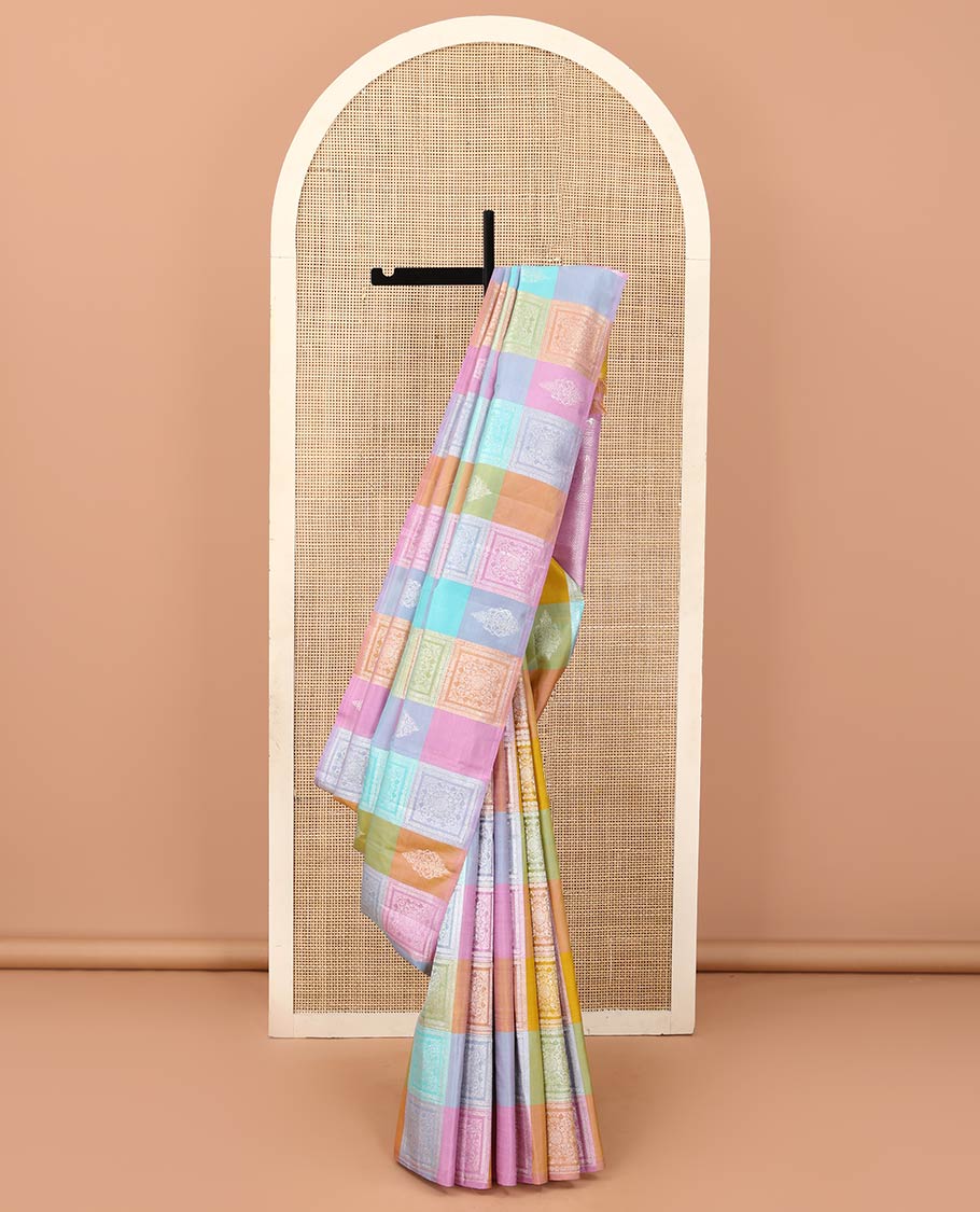 Borderless multi-color checked with intricate design weave Kanchipuram designer saree, contrast pallu of vanki designs