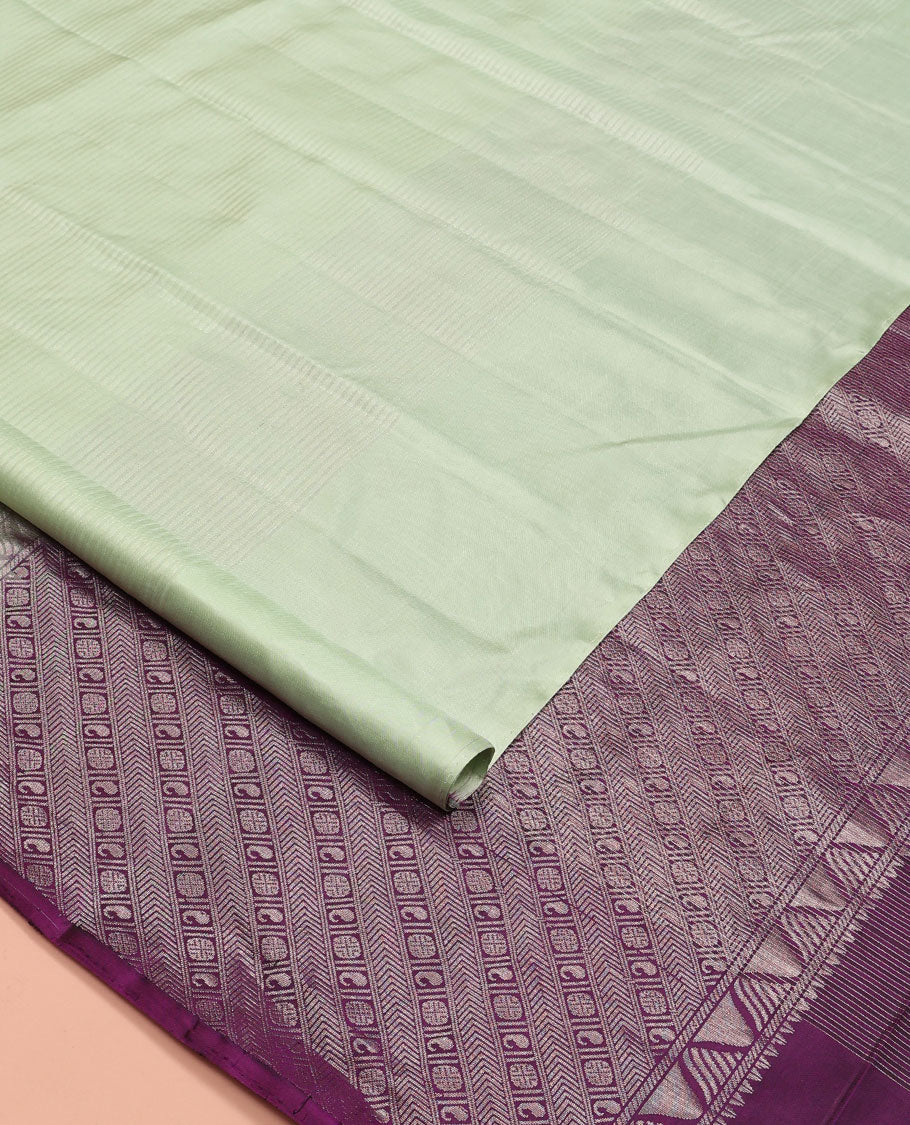 Borderless green striped Kanchipuram silk saree, contrast pallu of manga and rudraksham and kathir designs
