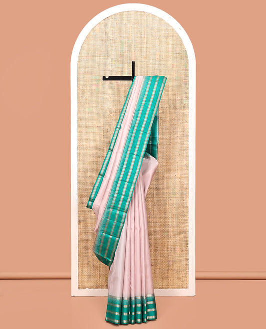 Off-White Kanchipuram Silk Saree, Sparsely Woven with Buttas, Contrast Varisai Pettu Border of Banaras and Neli Designs, Vanki Design Pallu, and a Contrast Blouse