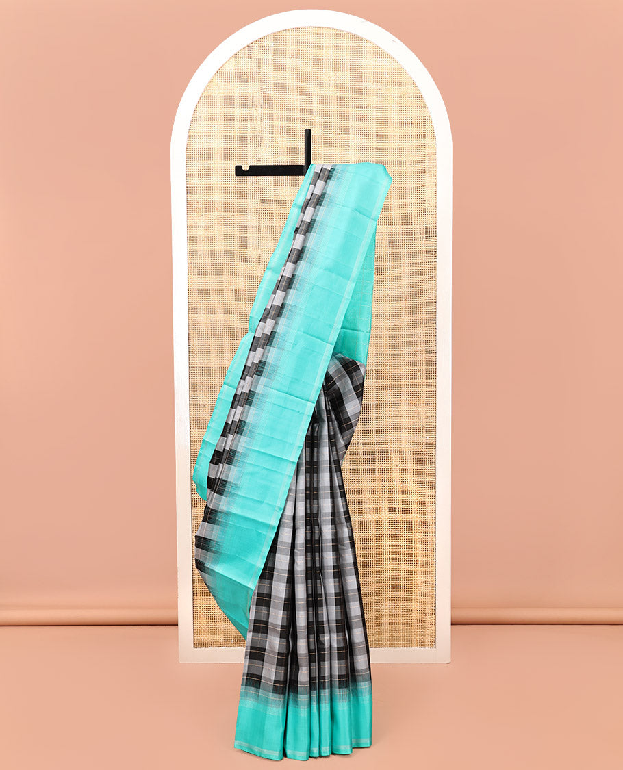 Black-White Checked Kanchipuram Silk Saree, Contrast Bodi Border, Striped Pallu, and a Contrast Blouse