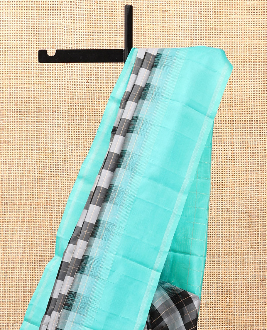 Black-White Checked Kanchipuram Silk Saree, Contrast Bodi Border, Striped Pallu, and a Contrast Blouse