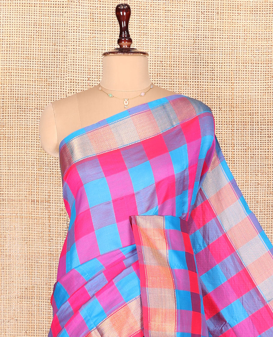 Multi-Color Checked Kuppadam Cotton Saree, Subtly Woven Chevron Zari Border, Complemented by Contrast Pallu of Zari Designs, and Paired with a Contrast Blouse