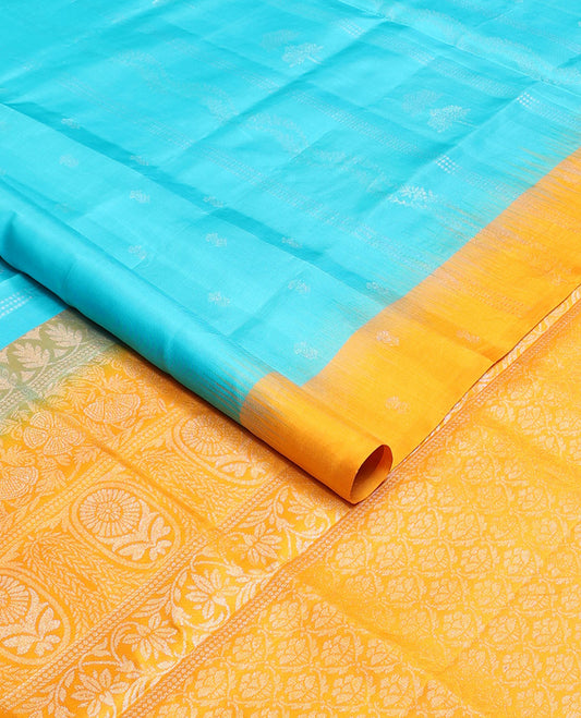 Light blue floral design mayuri soft silk saree with contrast floral design border & jaal design pallu