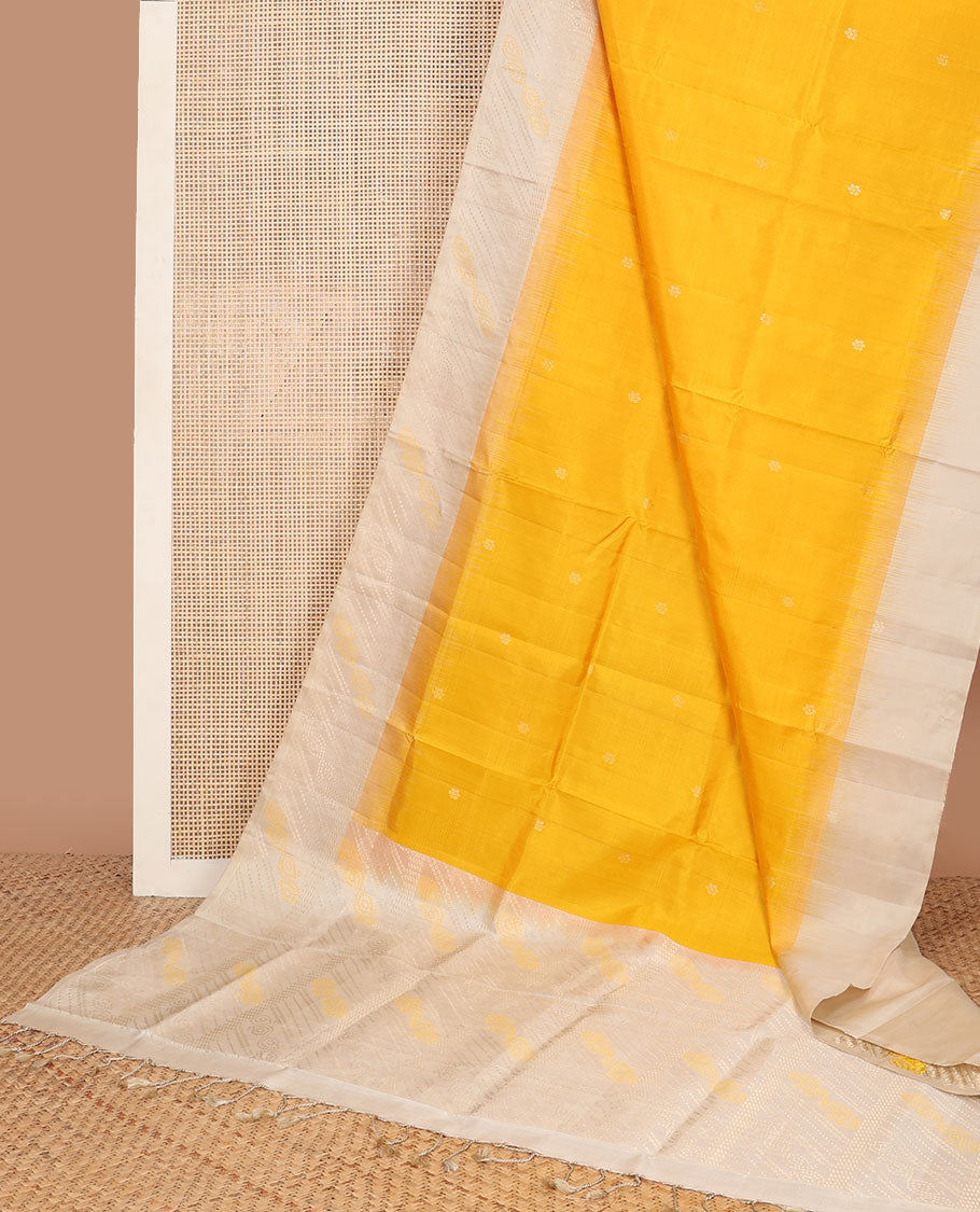 Orange buttas mayuri soft silk saree with contrast striped floral design border & bhandani design pallu