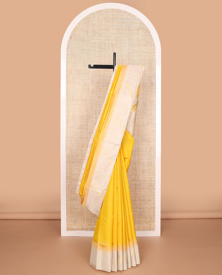 Orange buttas mayuri soft silk saree with contrast striped floral design border & bhandani design pallu