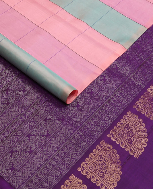 Borderless multi-color checked soft silk saree with zari buttas, contrast pallu of geometric designs