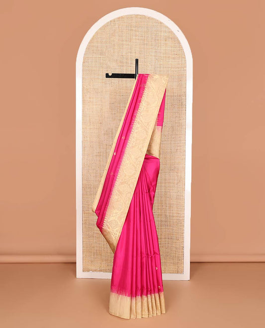Dark pink zari buttas soft silk saree, contrast border, and pallu of paithani-style motifs weave