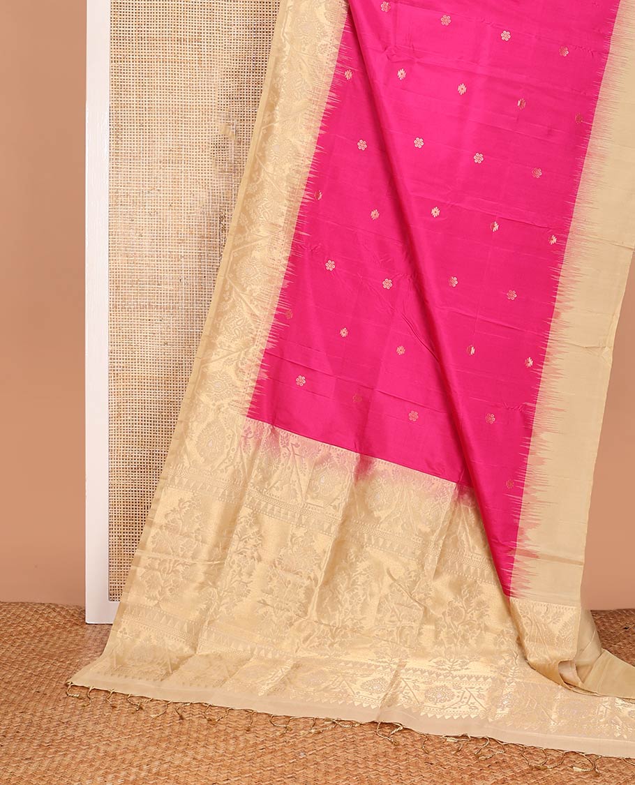 Dark pink zari buttas soft silk saree, contrast border, and pallu of paithani-style motifs weave