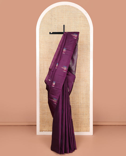 Broderless purple temple motifs soft silk saree, zari woven pallu of jaal designs