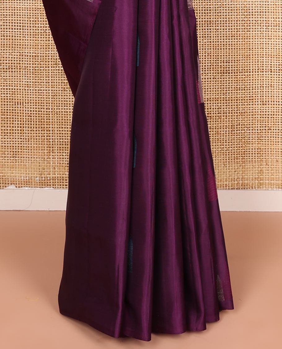 Broderless purple temple motifs soft silk saree, zari woven pallu of jaal designs