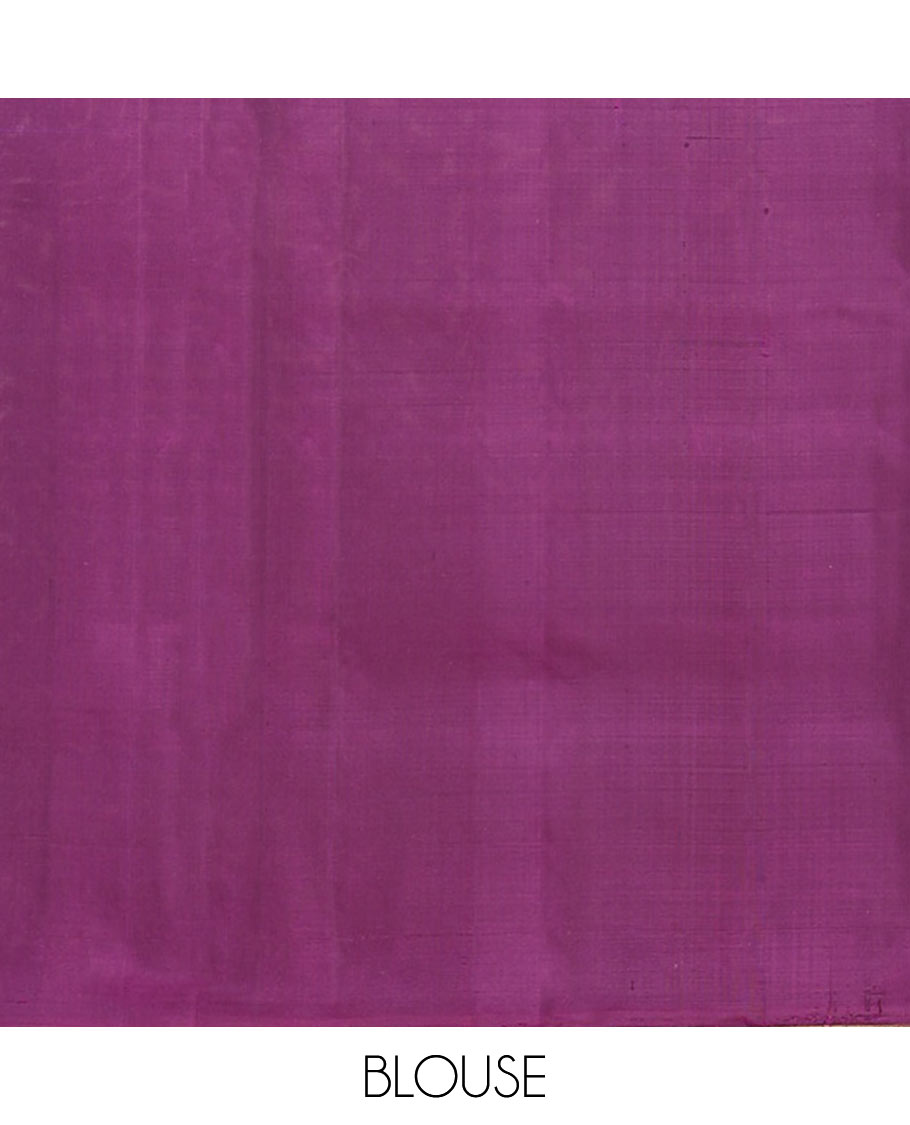 Broderless purple temple motifs soft silk saree, zari woven pallu of jaal designs