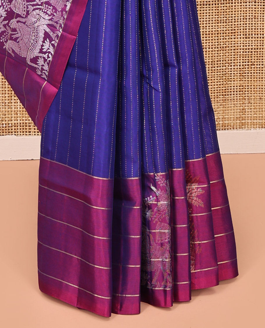 Blue Mayuri Lite Silk Mix Saree, Adorned with Muthu Stripes on Its Body, Complemented by a Contrast Border of Human Figurines, Intricately Designed Pallu, and Paired with a Contrast Blouse