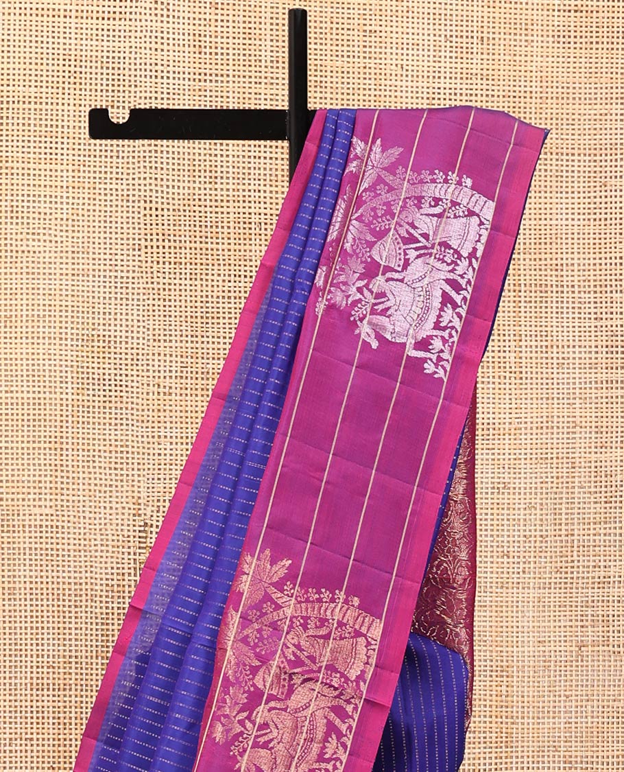 Blue Mayuri Lite Silk Mix Saree, Adorned with Muthu Stripes on Its Body, Complemented by a Contrast Border of Human Figurines, Intricately Designed Pallu, and Paired with a Contrast Blouse