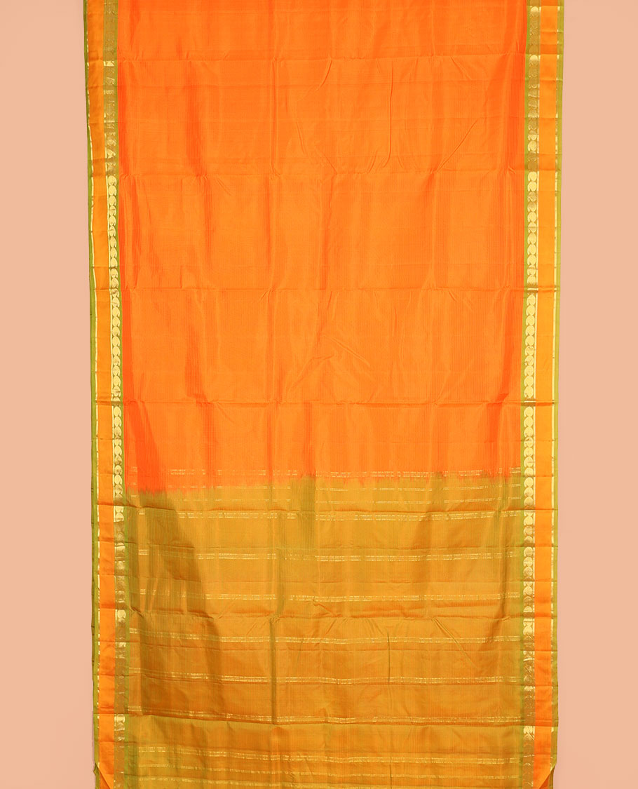 Yellow vazhaipoo striped ten-yard silk saree, contrast rettai pettu border of kathir & kuyil kann manga design & zari striped pallu