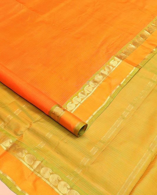 Yellow vazhaipoo striped ten-yard silk saree, contrast rettai pettu border of kathir & kuyil kann manga design & zari striped pallu