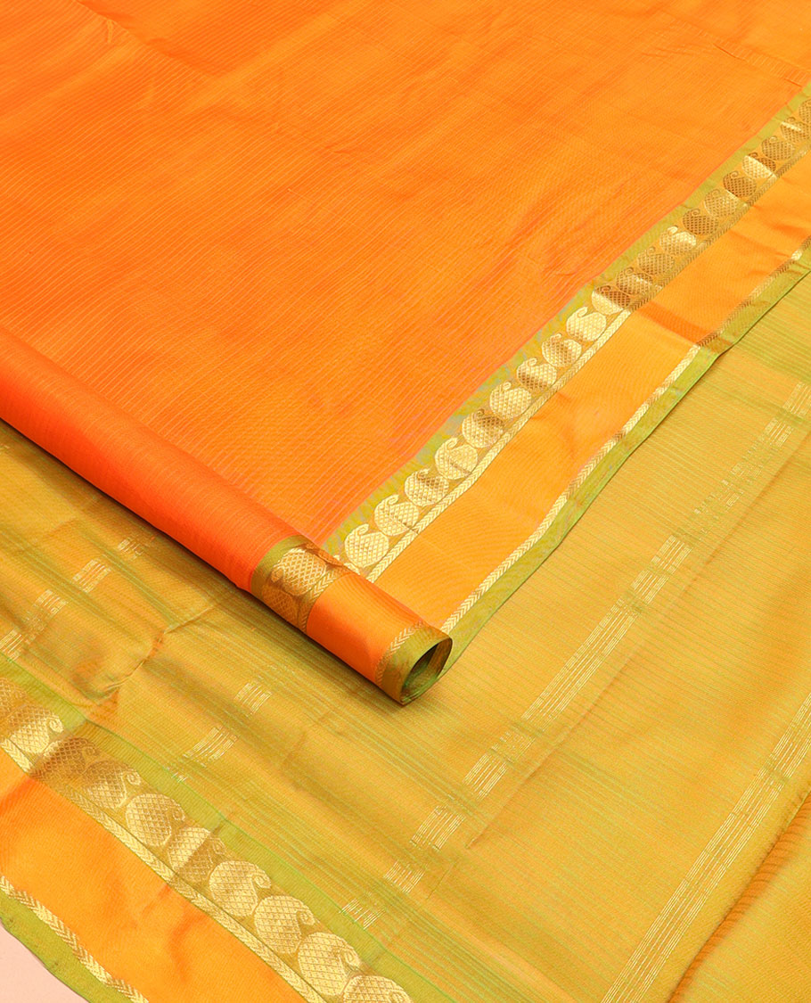 Yellow vazhaipoo striped ten-yard silk saree, contrast rettai pettu border of kathir & kuyil kann manga design & zari striped pallu