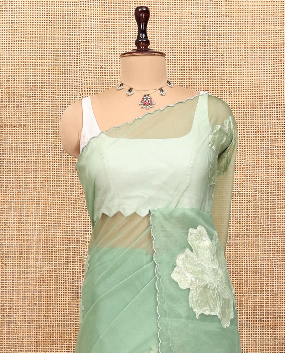Green Organza Saree, Gracefully Embellished with Floral Gold-Foil Embroidery, a Scallop Border, and a Matching Blouse